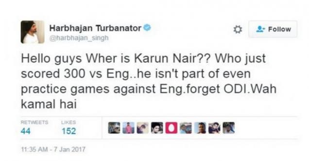 Harbhajan Singh Deleted Tweet – questions team selection process Karun Nair
