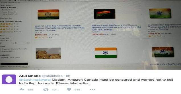 Sushma Swaraj asks Amazon to apologise for selling Indian flag doormat