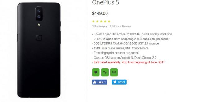 OnePlus 5 June release, listed on oppomart with $449 price