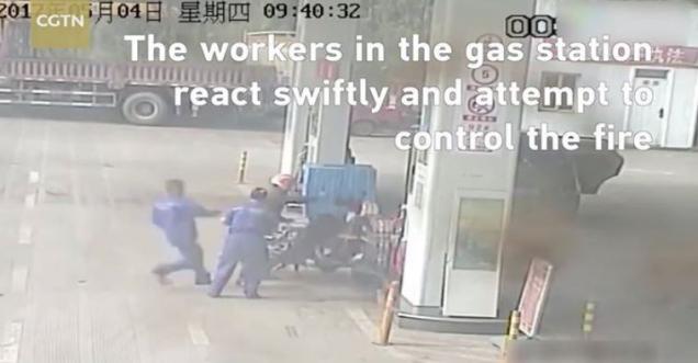 Chinese man video fills petrol, puts fire and jumps into fire at petrol pump