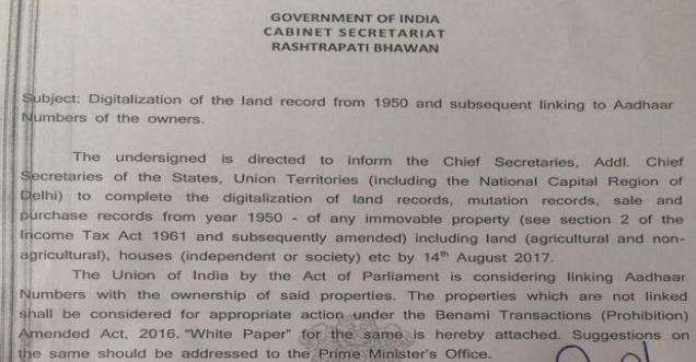 Digitalization of land record from 1950, linking Aadhaar to property