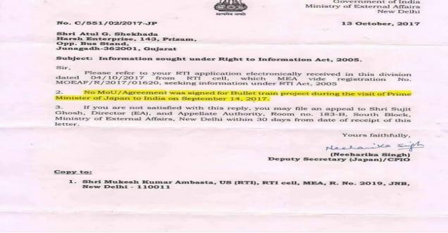 Did Modi Govt didn't sign MoU for Bullet Train with Japan, RTI
