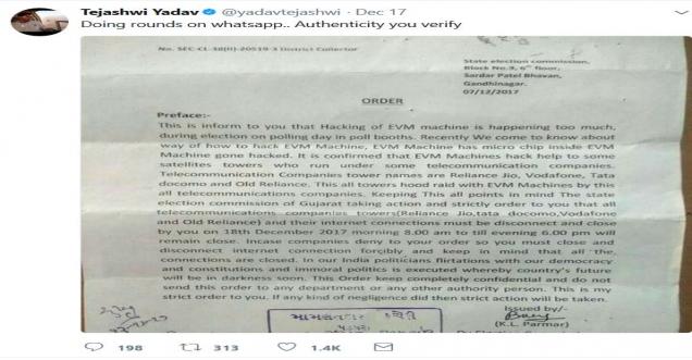 Tejashwi Yadav posts fake letter claiming EVM tampering