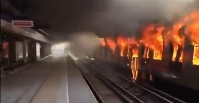 Does a video show American rioters burning a subway train?