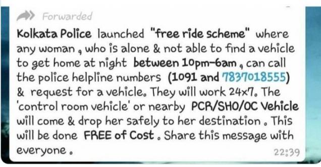 Kolkata police free ride scheme for any women IS A HOAX