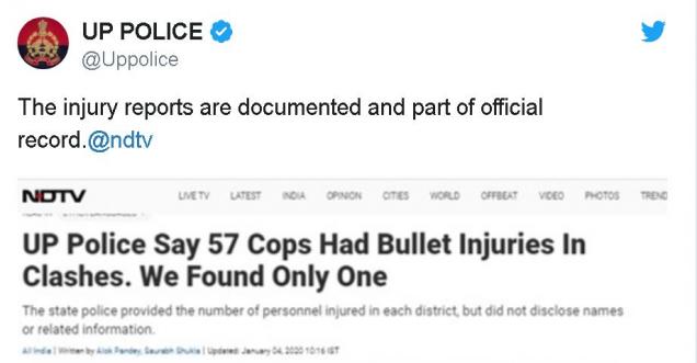 NDTV fake news, disclaims UP police claim of 57 police officers suffered gunshot