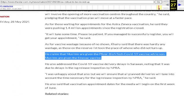 Muslims are given the Pfizer-BioNTech vaccine while Non-Muslims are given the Sinovac vaccine