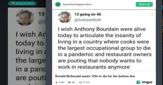 Were the largest occupational group to die in a pandemic, Anthony Bourdain