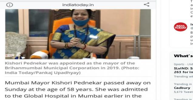 Fake India Today: Mumbai Mayor Kishori Pednekar passes away at age of 79