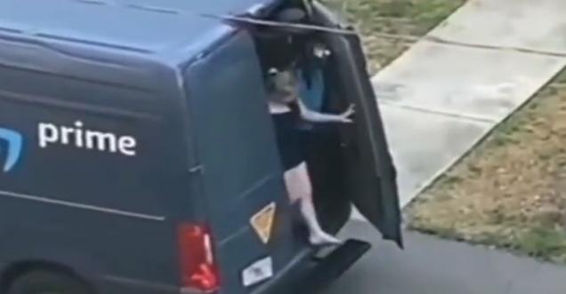 Watch video of Woman walking out of Amazon delivery van, video goes viral