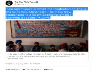 New York Times does it again spread fake message against India over Afghan evacuation